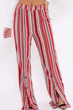 Rebellious Fashion Red Multi Stripe Side Popper Wide Leg Trousers - Leah