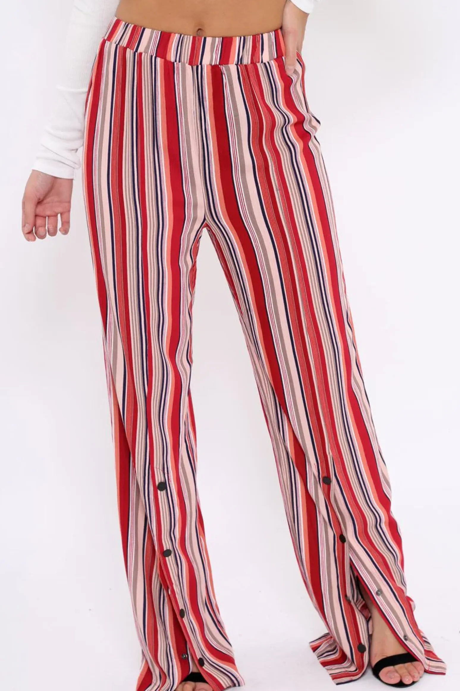 Rebellious Fashion Red Multi Stripe Side Popper Wide Leg Trousers - Leah
