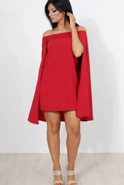 Rebellious Fashion Red Off The Shoulder Cape Dress-Verity