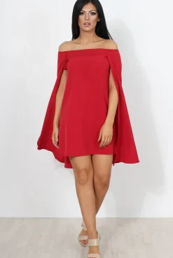 Rebellious Fashion Red Off The Shoulder Cape Dress-Verity