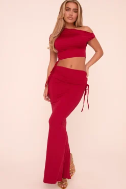 Rebellious Fashion Red One Shoulder Cropped Top & Ruched Maxi Skirt Co-ord Set - Joanne