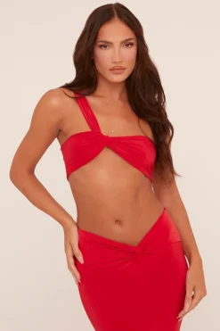 Rebellious Fashion Red One Shoulder Crop Top & Twist Detail Maxi Skirt Co-ord Set - Kacie
