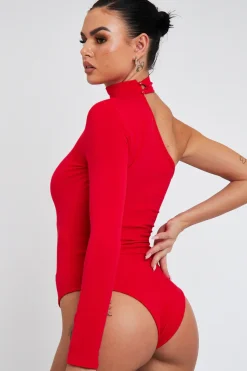 Rebellious Fashion Red One Sleeve High Neck Bodysuit - Qin