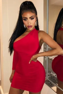 Rebellious Fashion Red One Sleeve Slit Detail Slinky Mini Bodycon Dress - Bronwyn