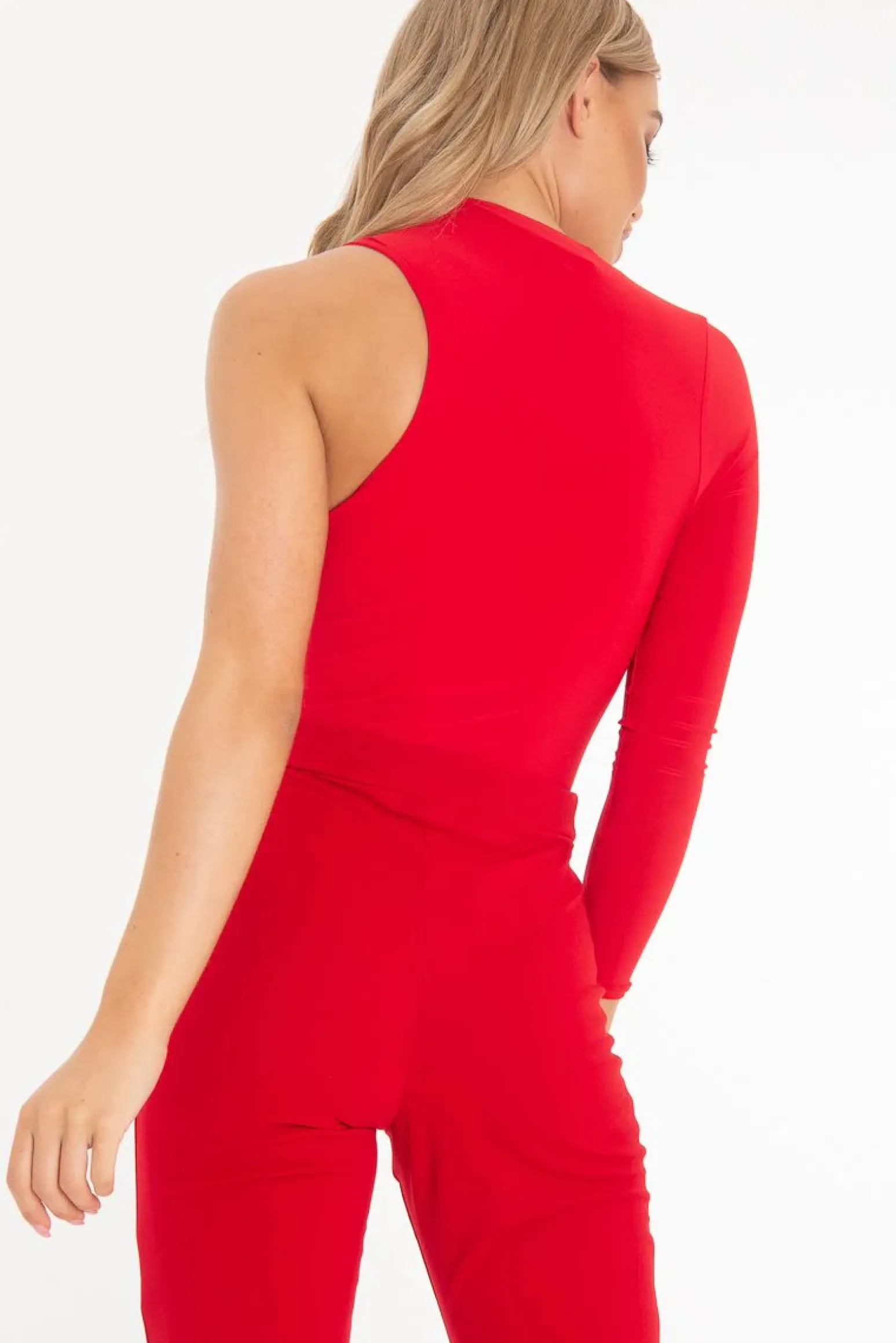 Rebellious Fashion Red One Sleeve Slit Detail Slinky Bodysuit - Kassi