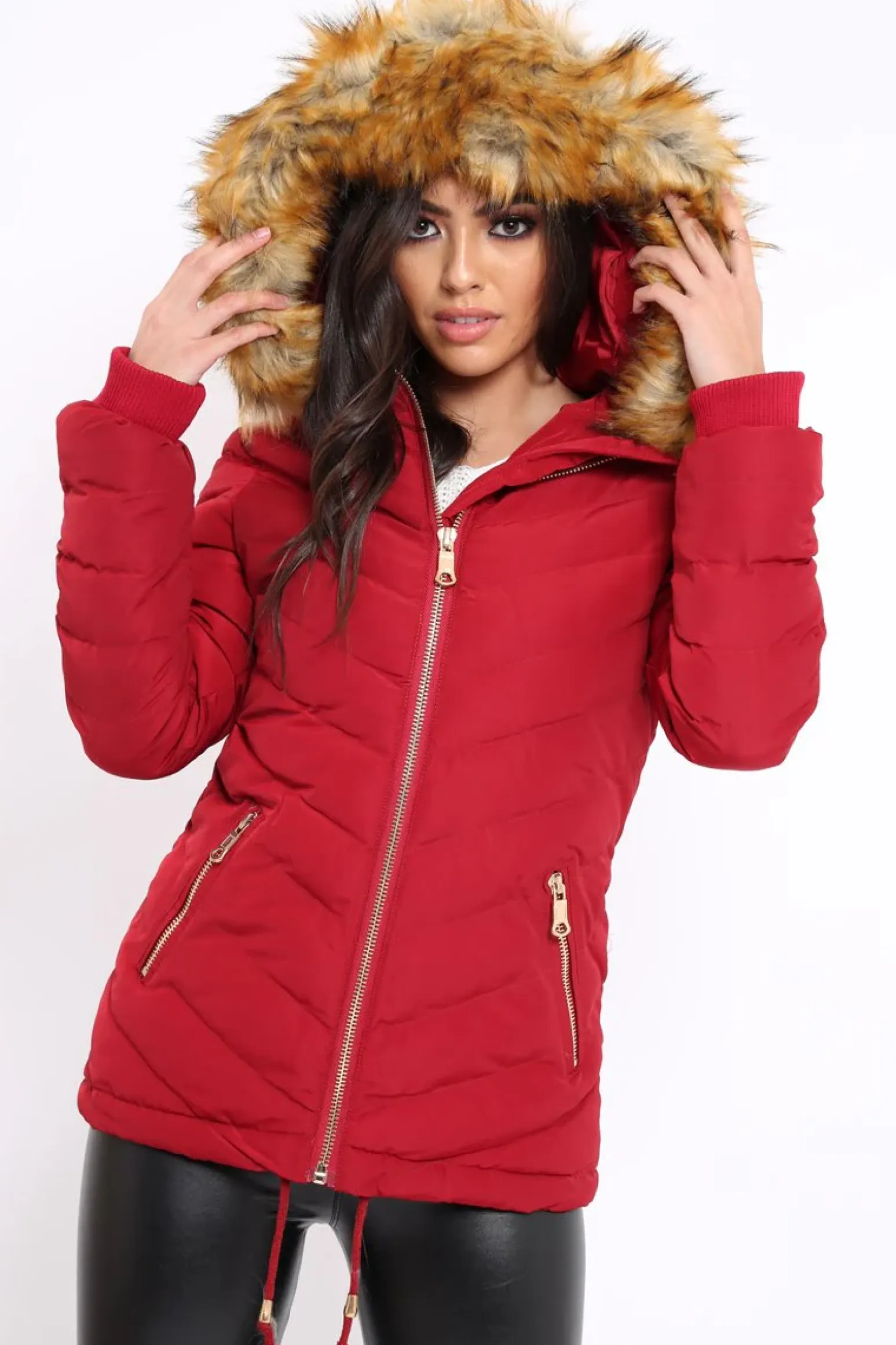 Rebellious Fashion Red Padded Coat With Faux Fur Trim Hood - Jocelyn
