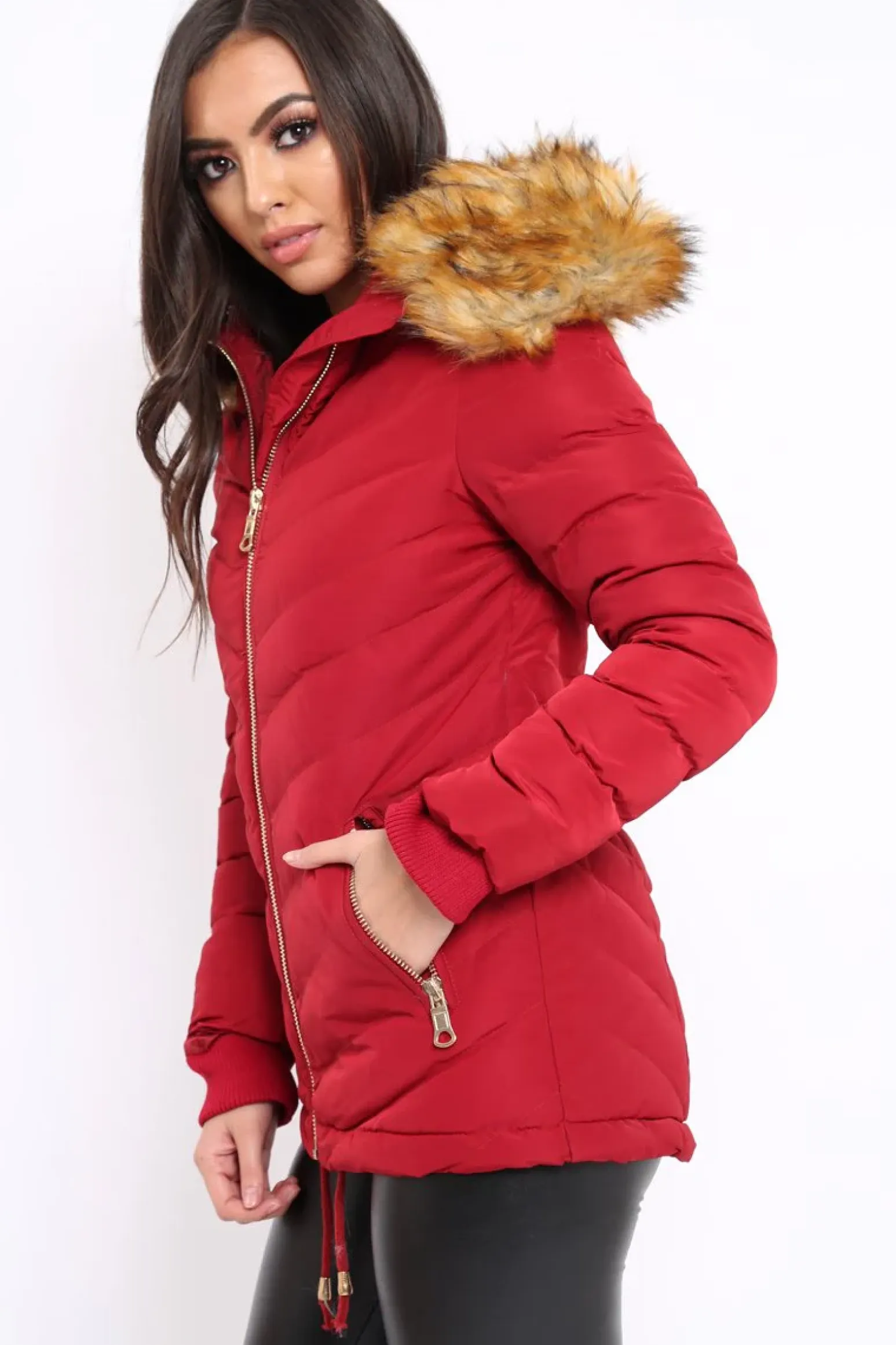 Rebellious Fashion Red Padded Coat With Faux Fur Trim Hood - Jocelyn
