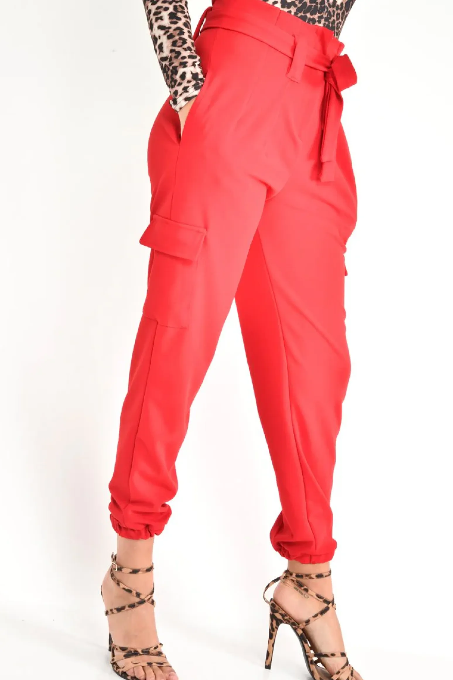 Rebellious Fashion Red Paper Bag Cargo Pocket Trousers - Brette