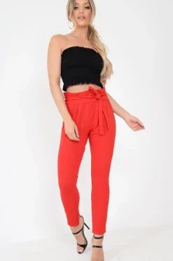 Rebellious Fashion Red Paper Bag Tie Waist Cigarette Trousers - Karmen