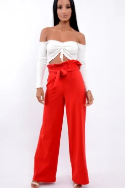 Rebellious Fashion Red Paper Bag Tie Waist Wide Leg Trousers - Kennedy