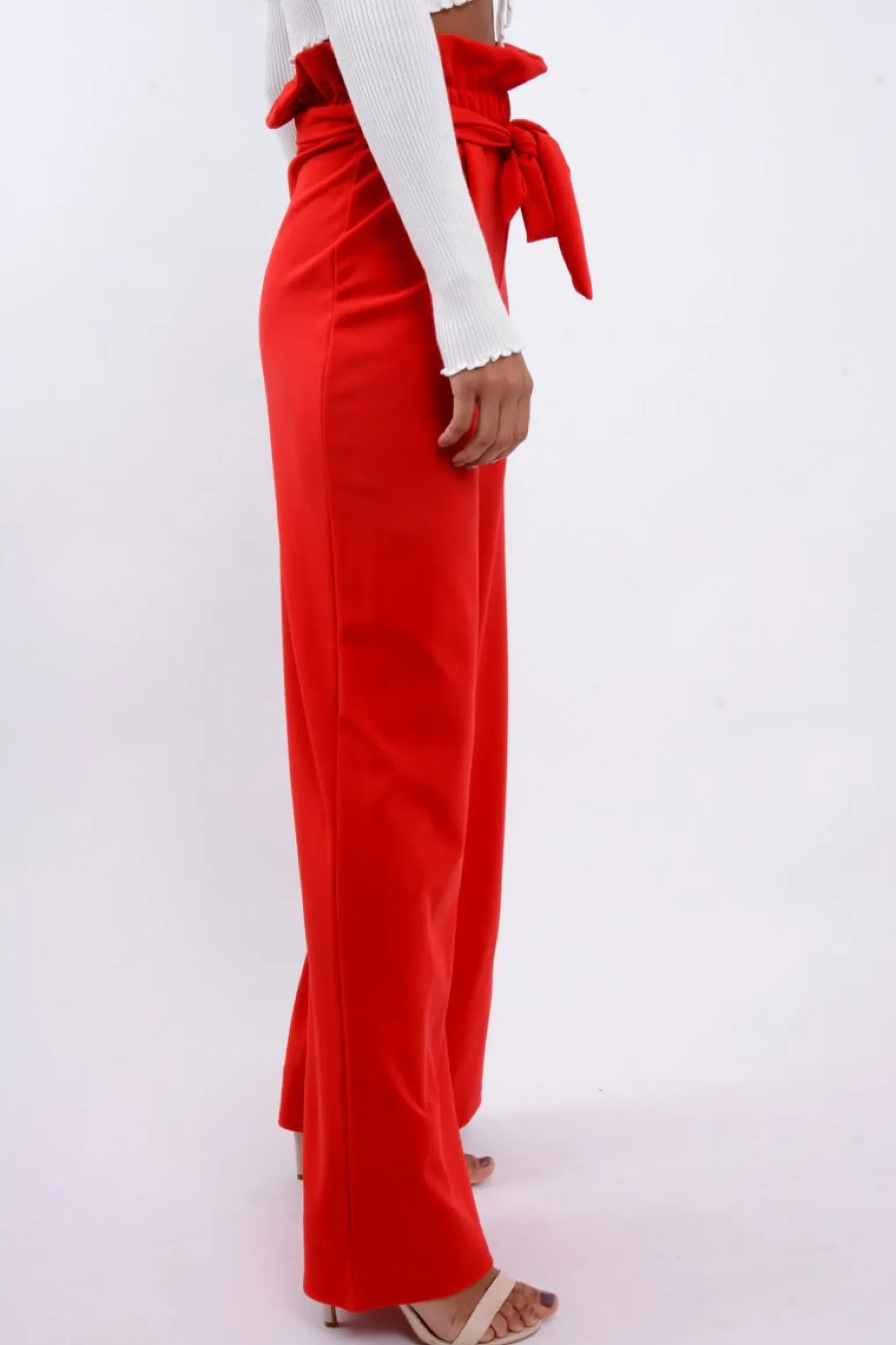 Rebellious Fashion Red Paper Bag Tie Waist Wide Leg Trousers - Kennedy