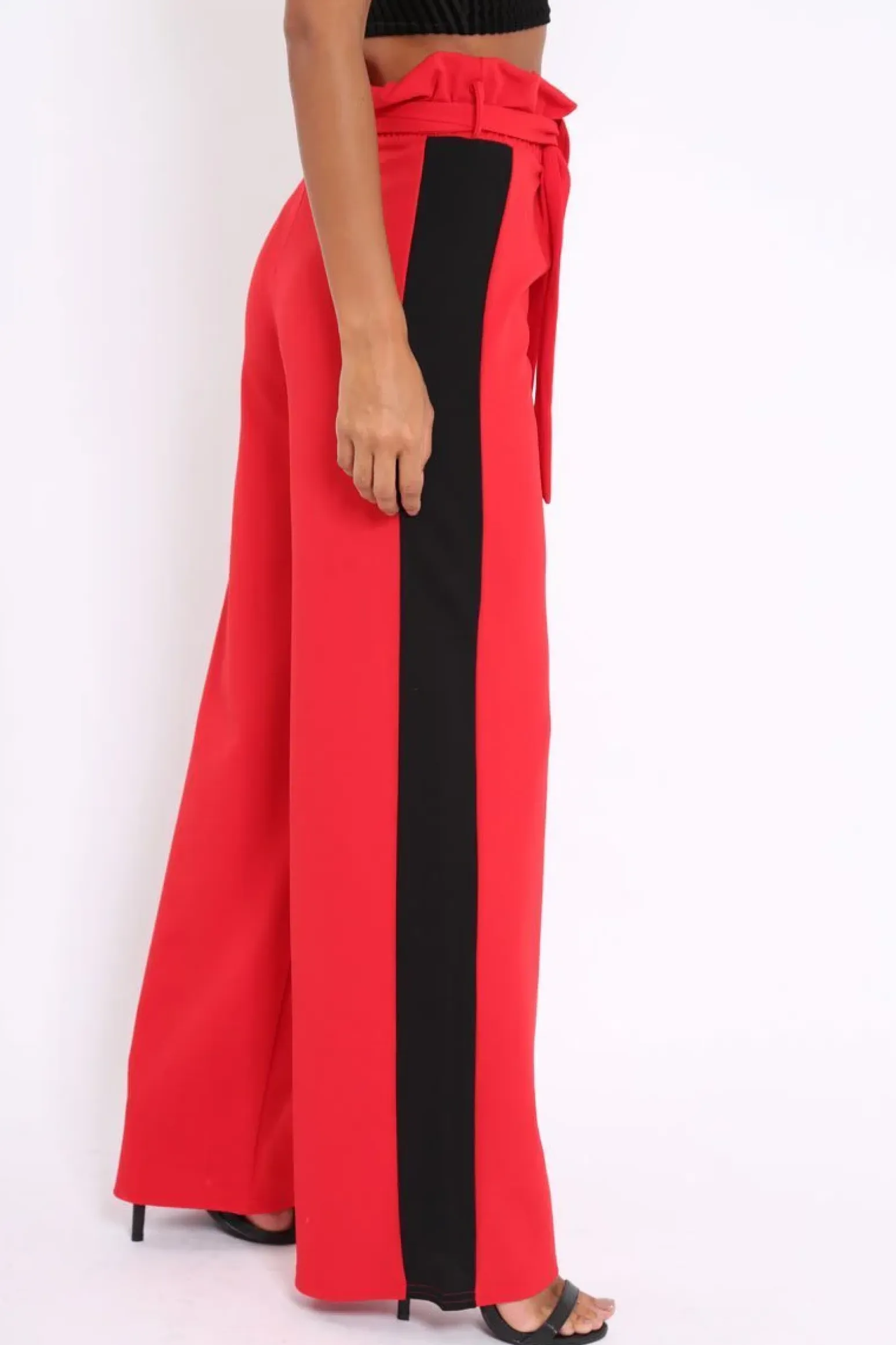 Rebellious Fashion Red Paper Bag Tie Waist Wide Leg Trousers With Black Stripe - Kennedy