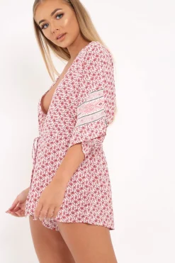 Rebellious Fashion Red Patterned Plunge Kimono Sleeve Playsuit -Nerissa