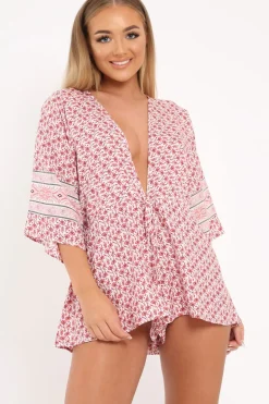 Rebellious Fashion Red Patterned Plunge Kimono Sleeve Playsuit -Nerissa