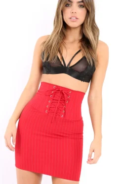 Rebellious Fashion Red Pinstripe Skirt Lace Up Skirt - Lela