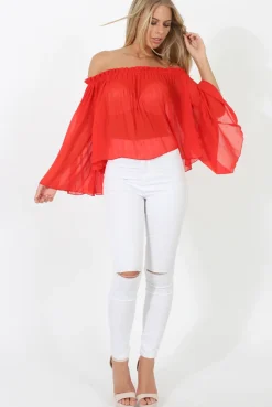 Rebellious Fashion Red Pleated Three Quarter Bell Sleeve Crop - Stacey
