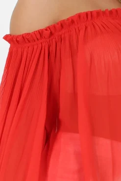 Rebellious Fashion Red Pleated Three Quarter Bell Sleeve Crop - Stacey