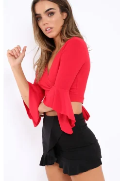 Rebellious Fashion Red Plunge Bell Sleeve Crop Top - Merla