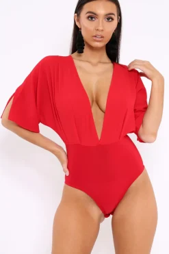 Rebellious Fashion Red Plunge Bodysuit - Florence