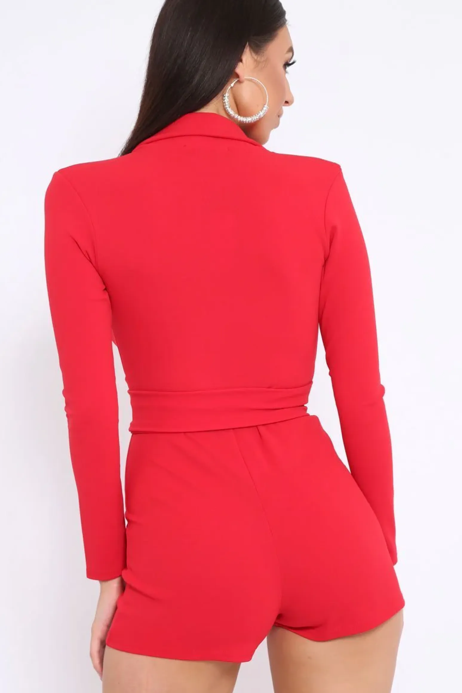 Rebellious Fashion Red Plunge Front Playsuit with Ring Belt Detail - Daylin