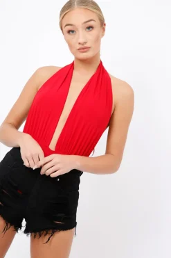 Rebellious Fashion Red plunge Halterneck Bodysuit - Lona