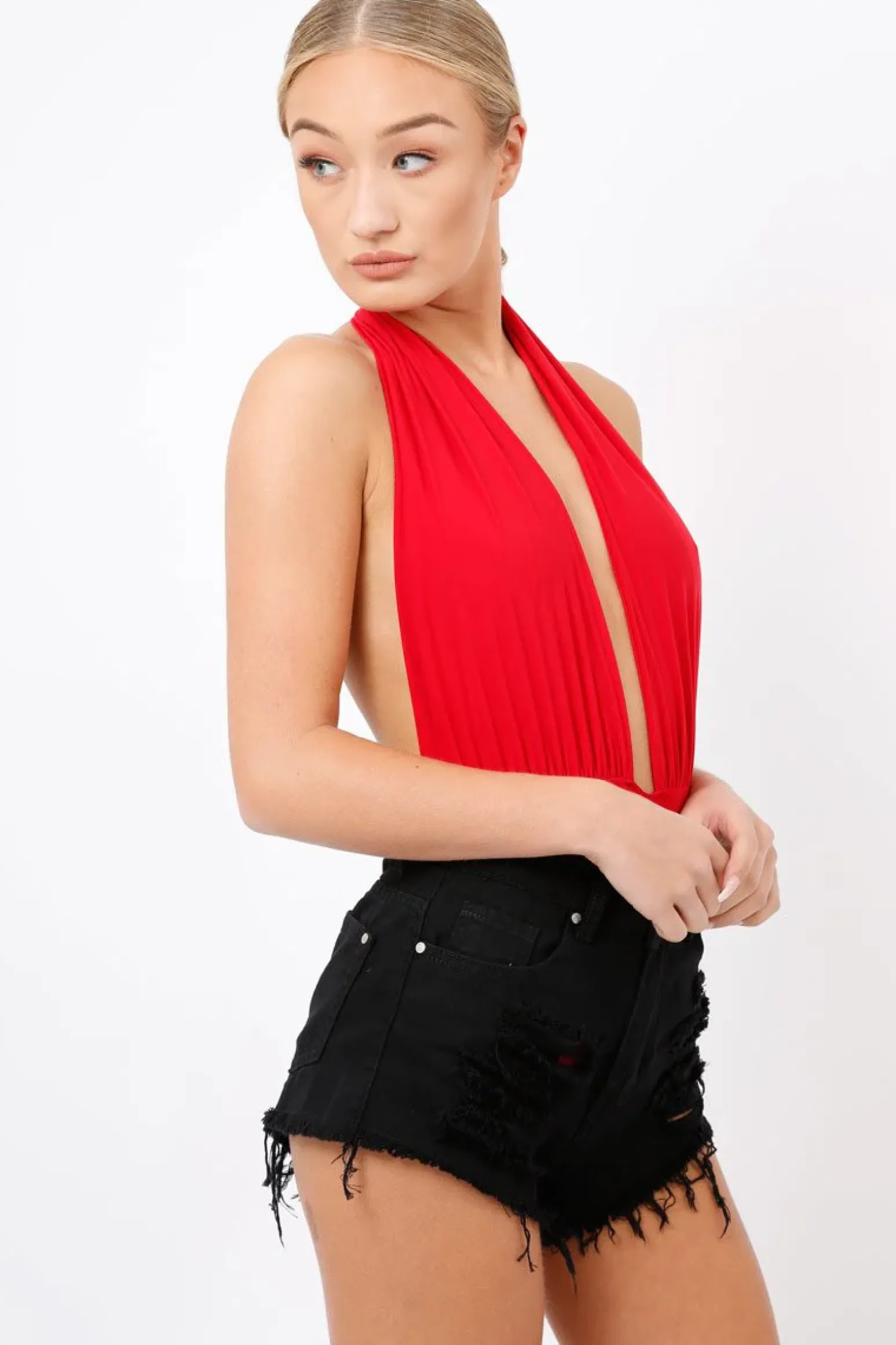 Rebellious Fashion Red plunge Halterneck Bodysuit - Lona