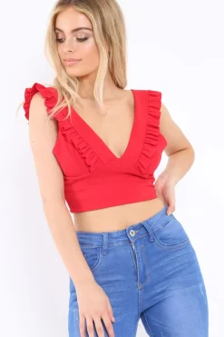 Rebellious Fashion Red Plunge Ruffle Crop Top - Sofia