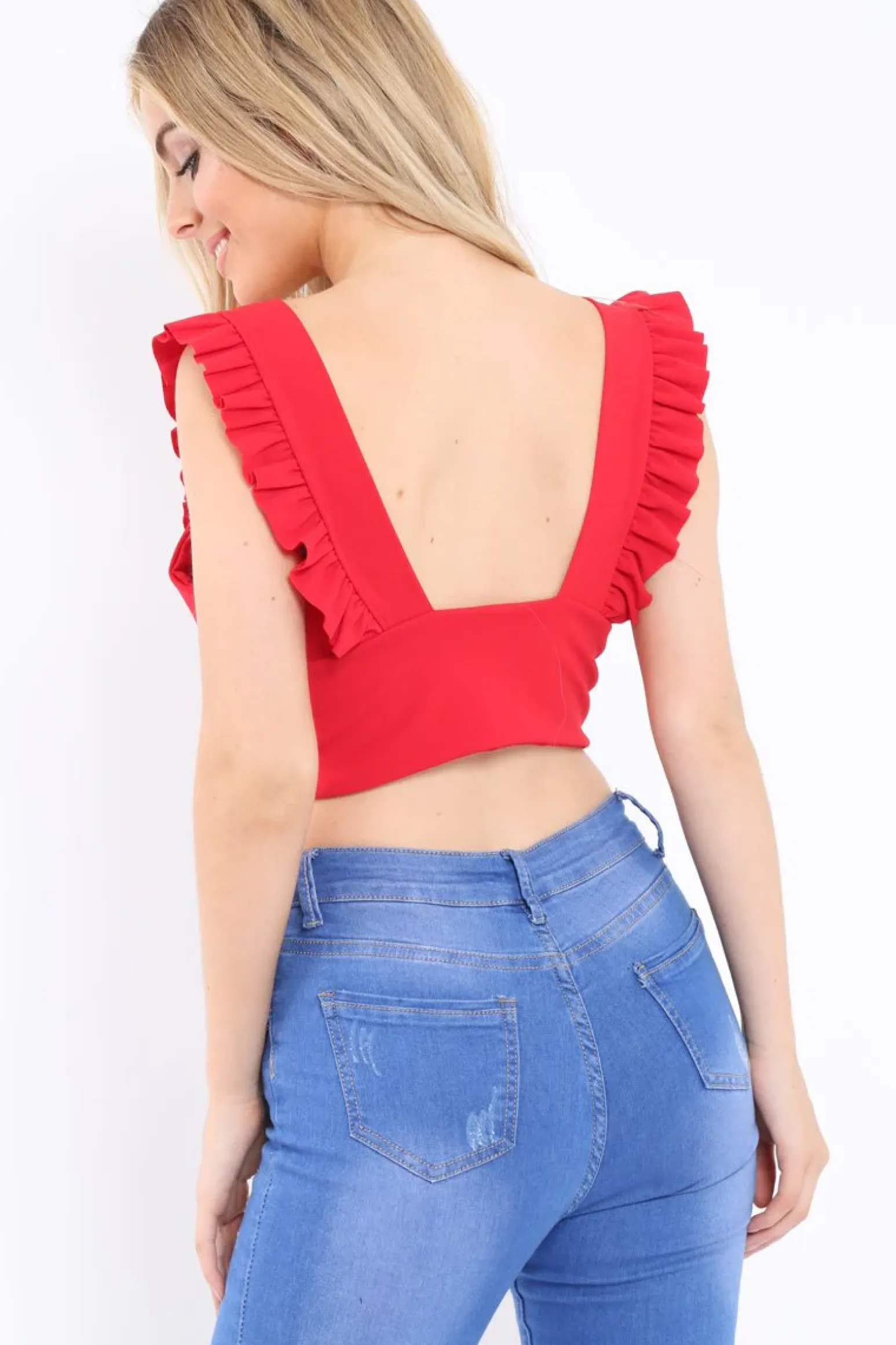 Rebellious Fashion Red Plunge Ruffle Crop Top - Sofia