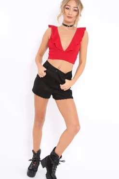 Rebellious Fashion Red Plunge Ruffle Crop Top With Cut Out Back - Nia