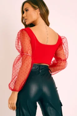Rebellious Fashion Red Polka Dot Organza Sleeve Crop Top - Bianca