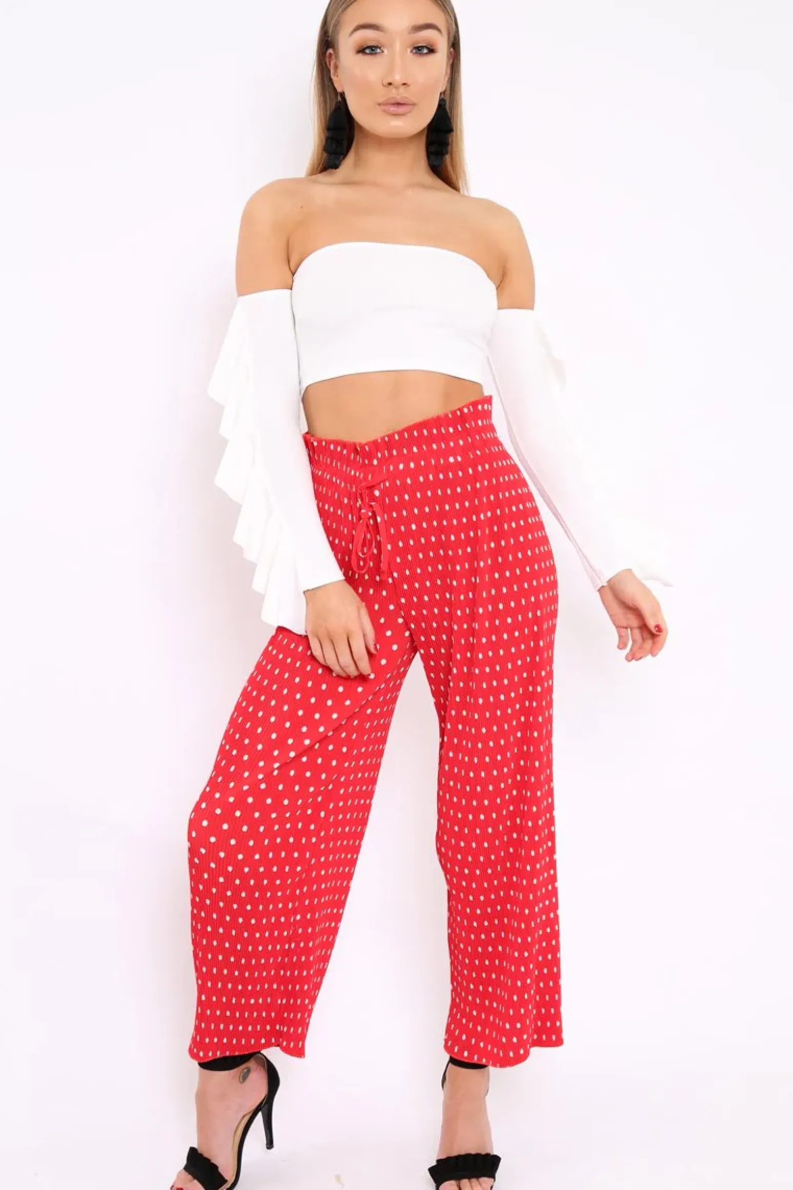 Rebellious Fashion Red Polka Dot Paper Bag Waist Wide Legged Pleated Trousers - Louise