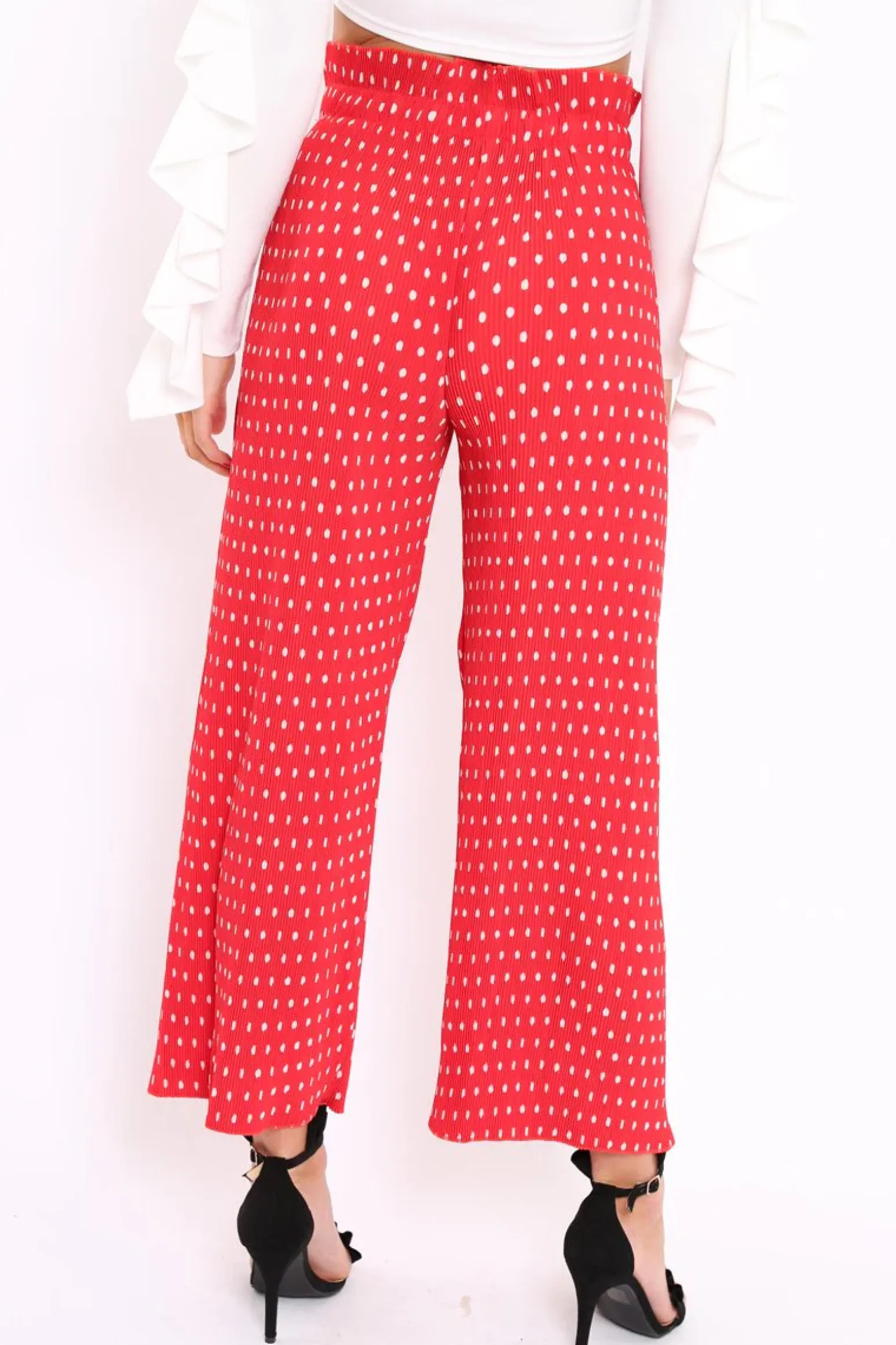 Rebellious Fashion Red Polka Dot Paper Bag Waist Wide Legged Pleated Trousers - Louise