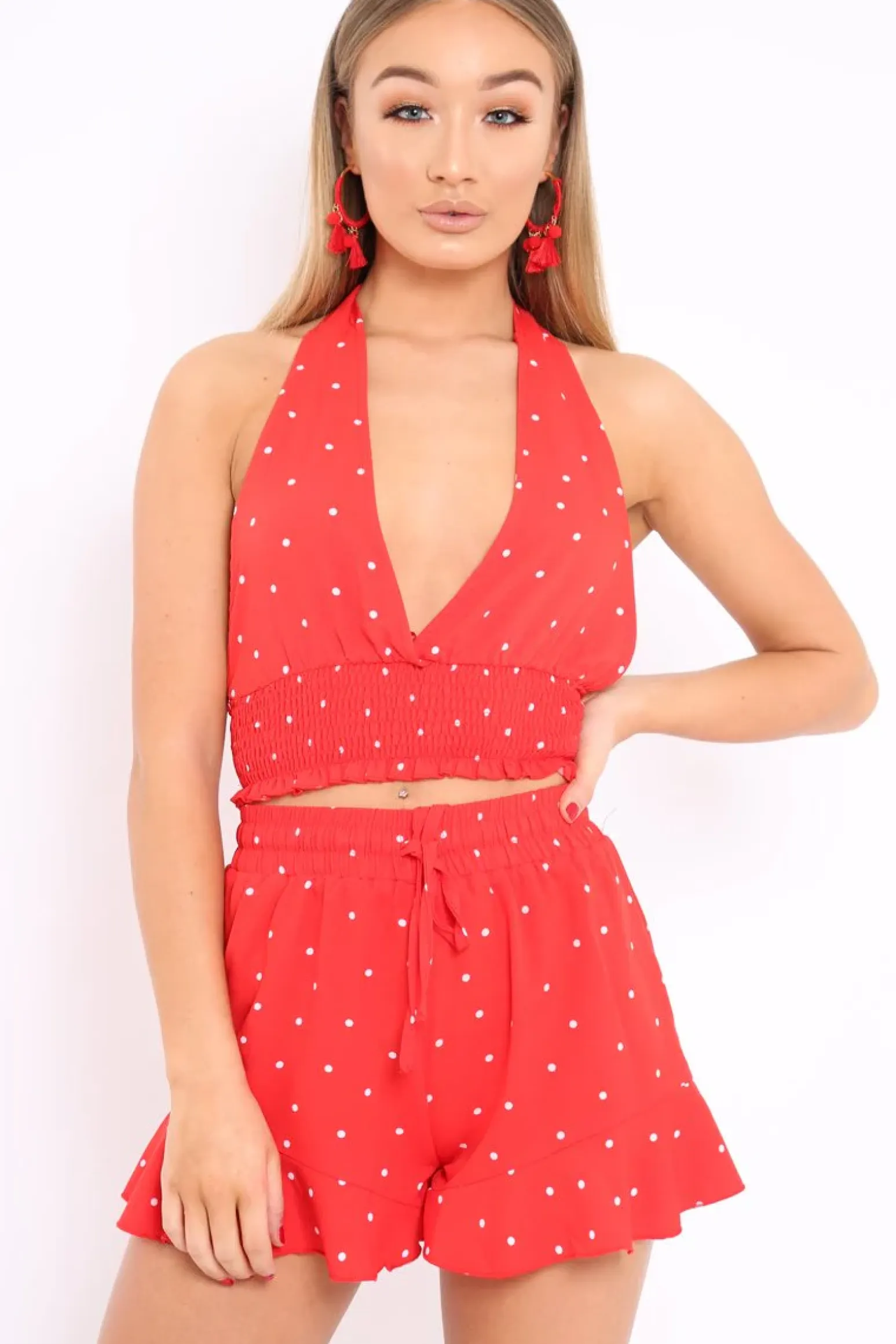 Rebellious Fashion Red Polka Dot Shorts and Halterneck Co-ord - Alivia