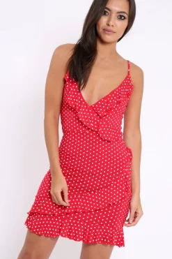 Rebellious Fashion Red Polka Dot Wrap Dress with Frills - Beth