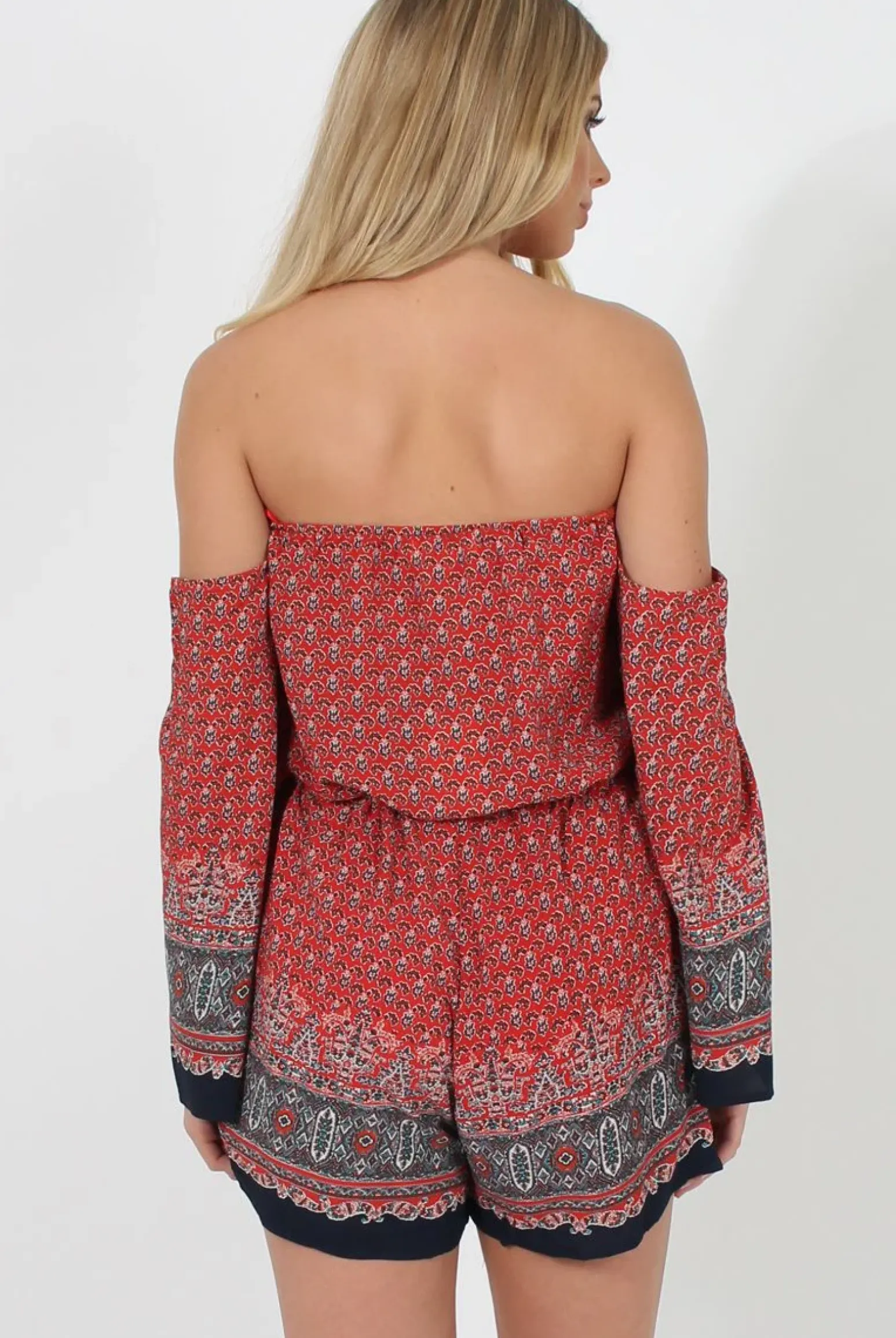 Rebellious Fashion Red Print Bardot Playsuit - Malaya