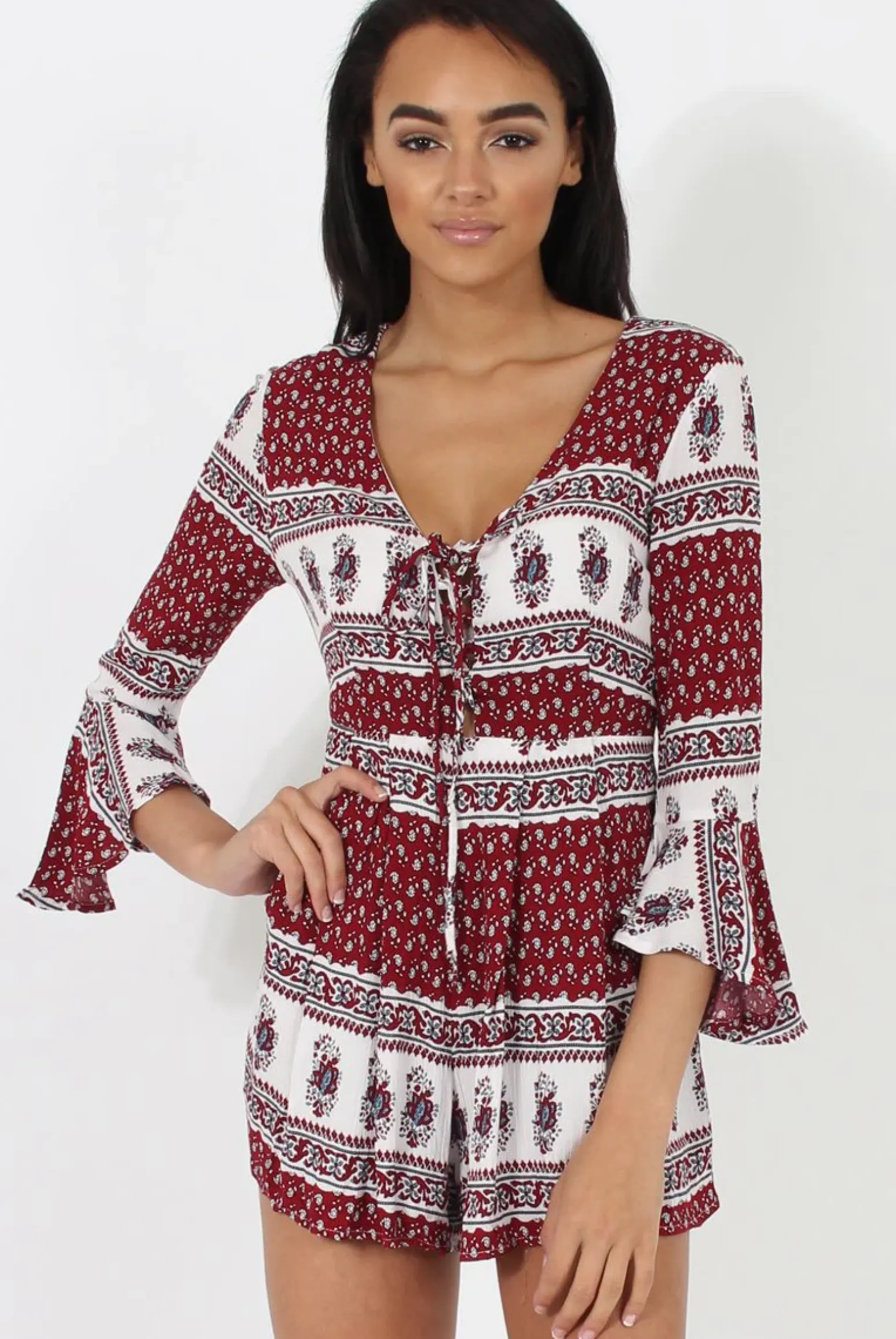 Rebellious Fashion Red Print Low Cut Playsuit - Enya