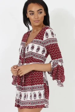Rebellious Fashion Red Print Low Cut Playsuit - Enya