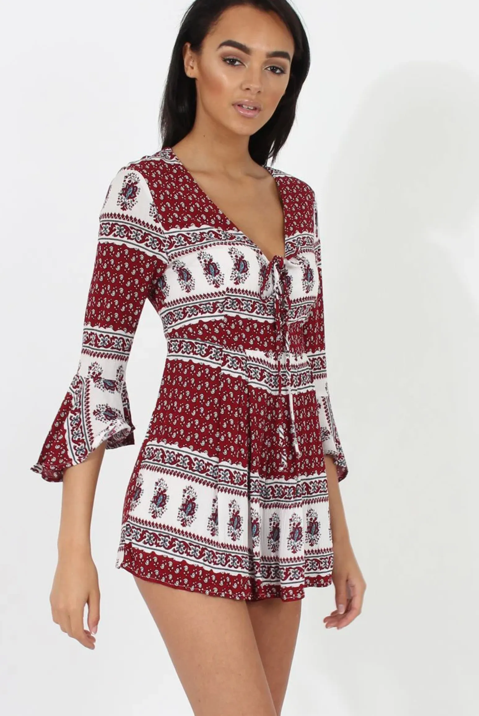 Rebellious Fashion Red Print Low Cut Playsuit - Enya