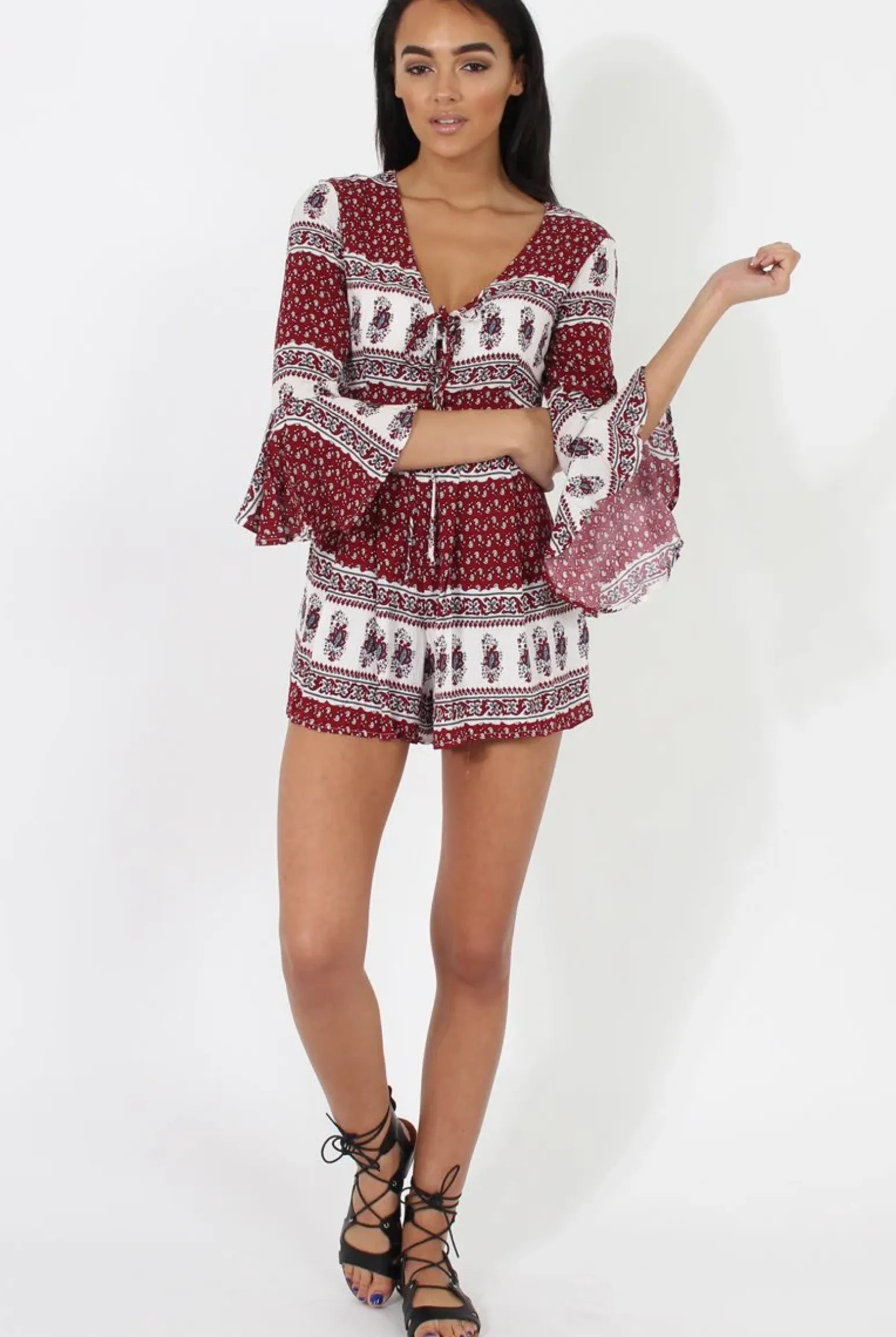 Rebellious Fashion Red Print Low Cut Playsuit - Enya