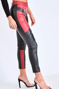 Rebellious Fashion Red PU Colour Block Trousers - Mammie