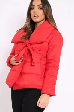 Rebellious Fashion Red Puffer Jacket with Tie Front - Lolamae