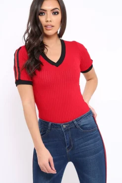 Rebellious Fashion Red Ribbed Bodysuit with Contrast Trim - Libi
