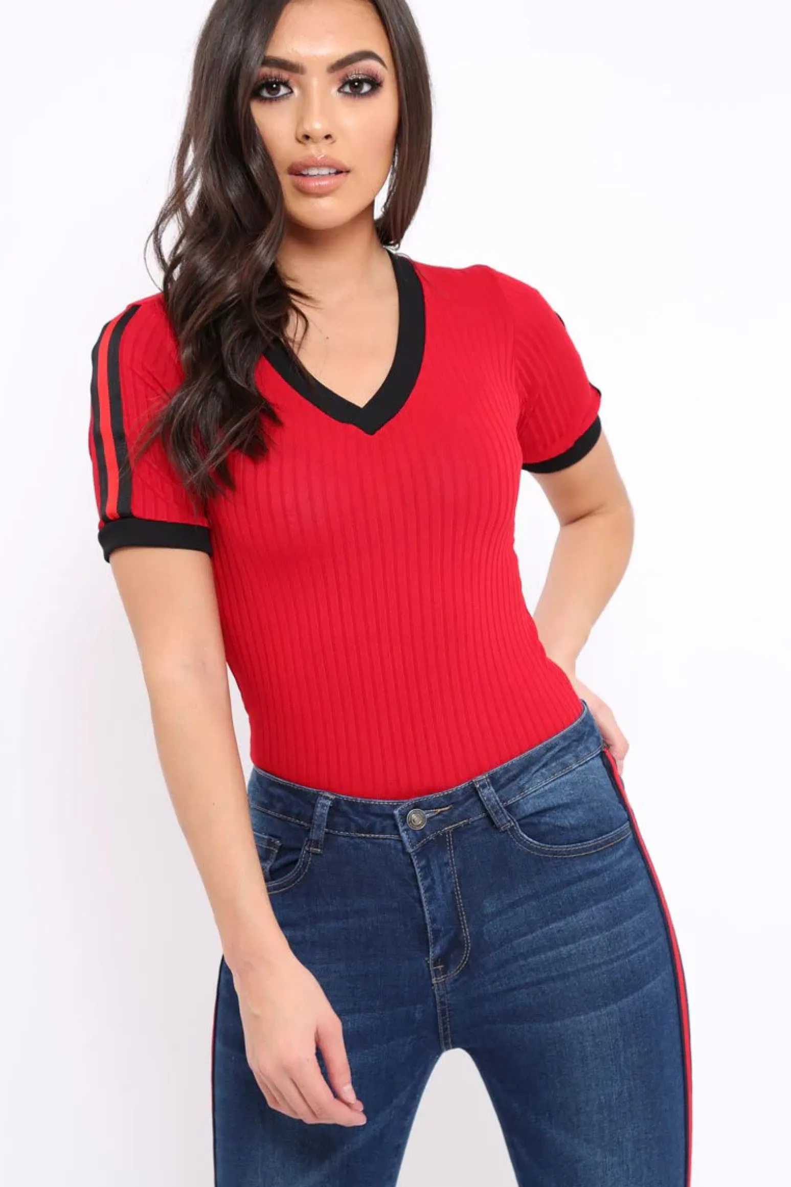 Rebellious Fashion Red Ribbed Bodysuit with Contrast Trim - Libi