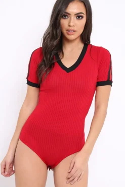 Rebellious Fashion Red Ribbed Bodysuit with Contrast Trim - Libi