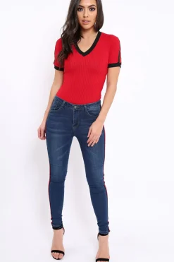 Rebellious Fashion Red Ribbed Bodysuit with Contrast Trim - Libi