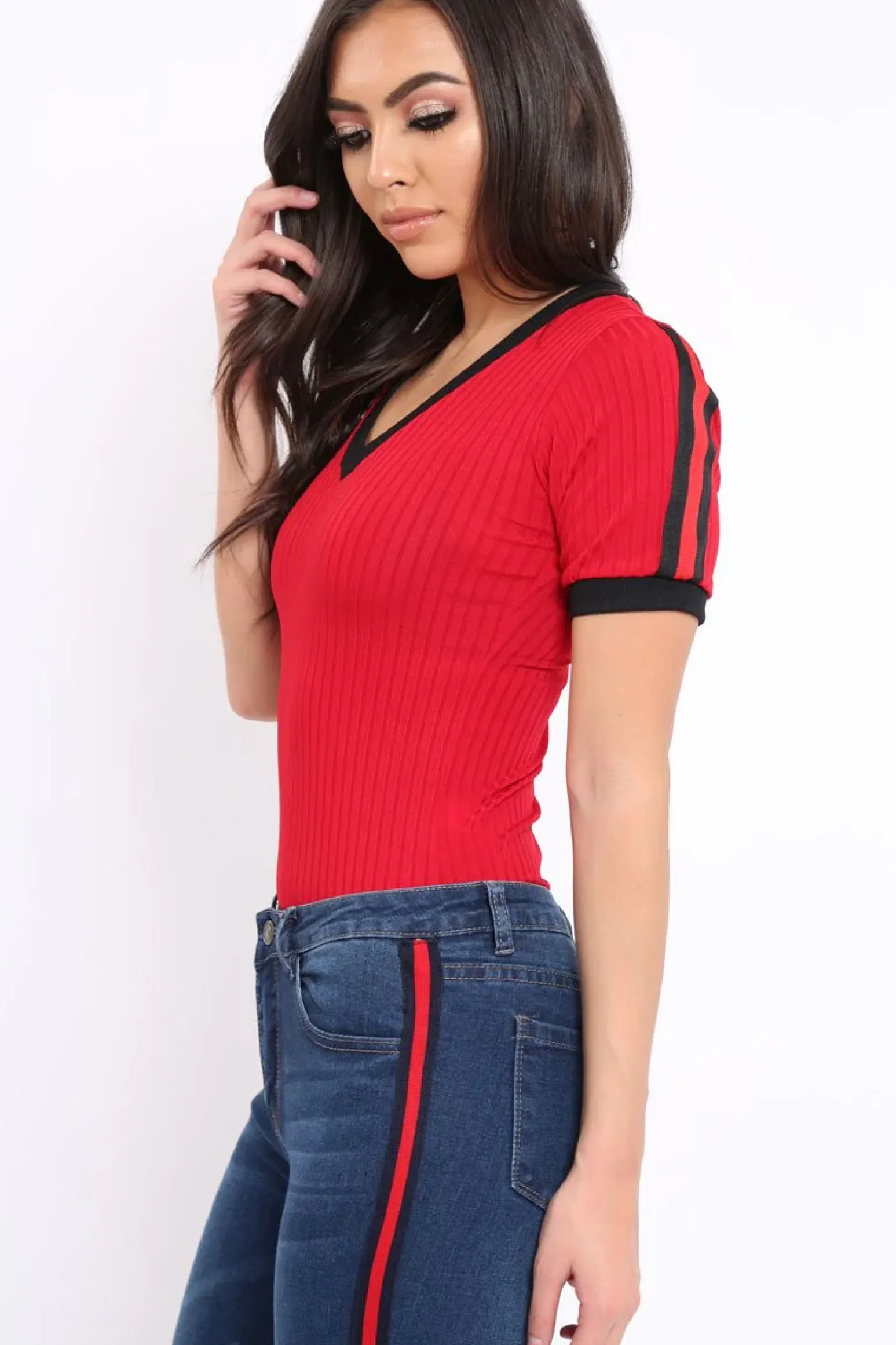 Rebellious Fashion Red Ribbed Bodysuit with Contrast Trim - Libi