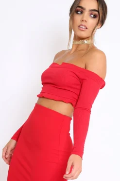 Rebellious Fashion Red Ribbed Frill Bardot Crop Top - Cassidy