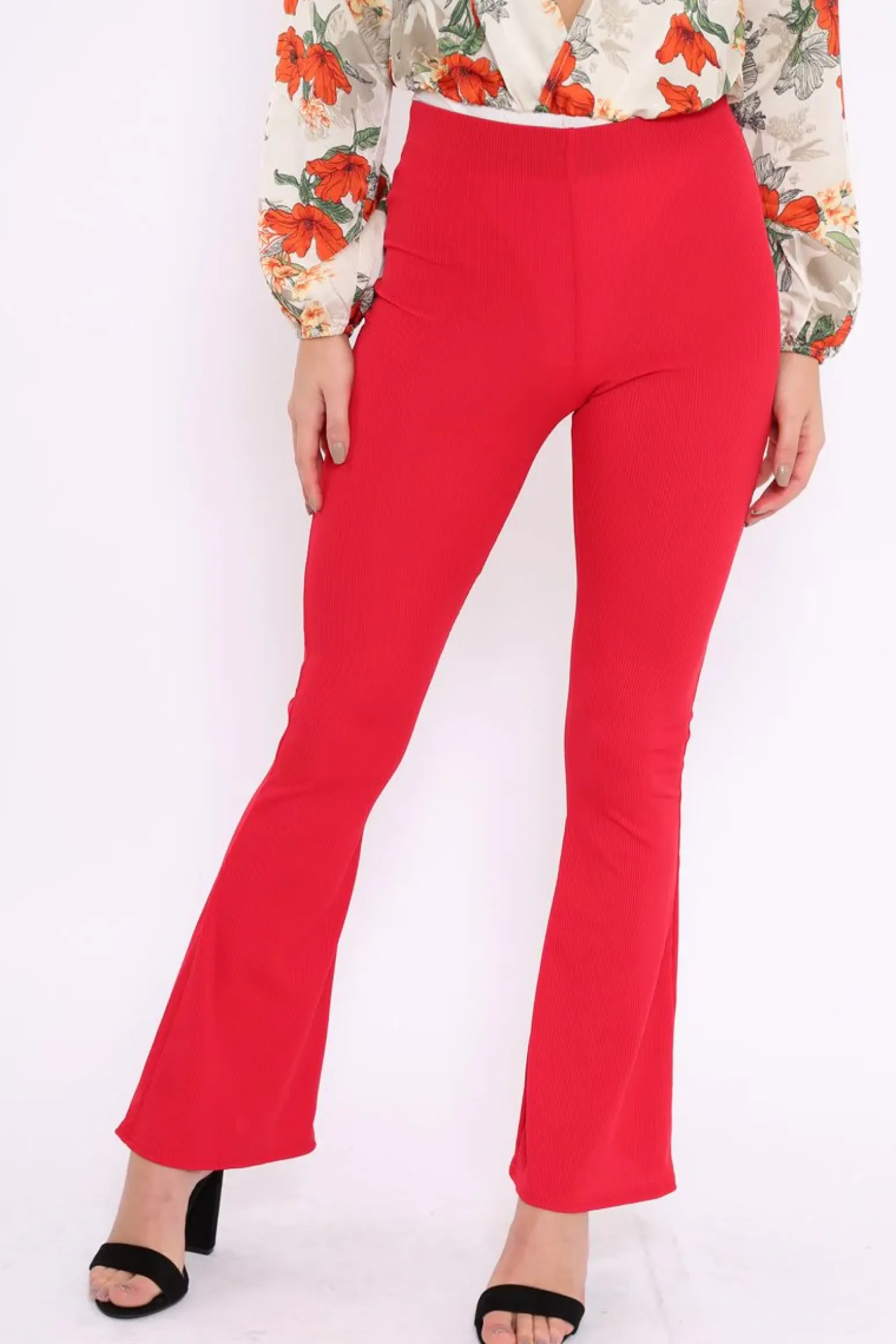 Rebellious Fashion Red Ribbed Kick Flare Trousers - Chlo