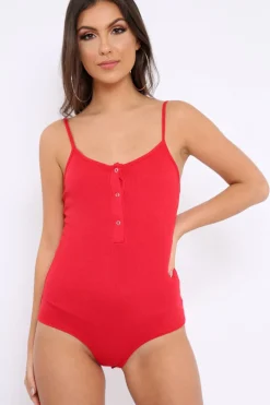 Rebellious Fashion Red Ribbed Popper Front Bodysuit - Baylee