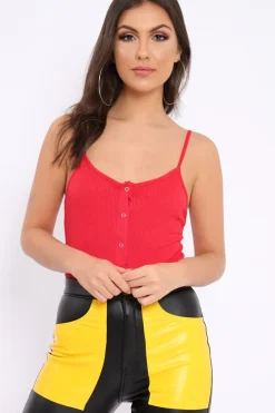 Rebellious Fashion Red Ribbed Popper Front Bodysuit - Baylee